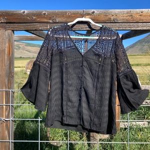 Lace Crochet V Neck Button Down Loose Blouse
